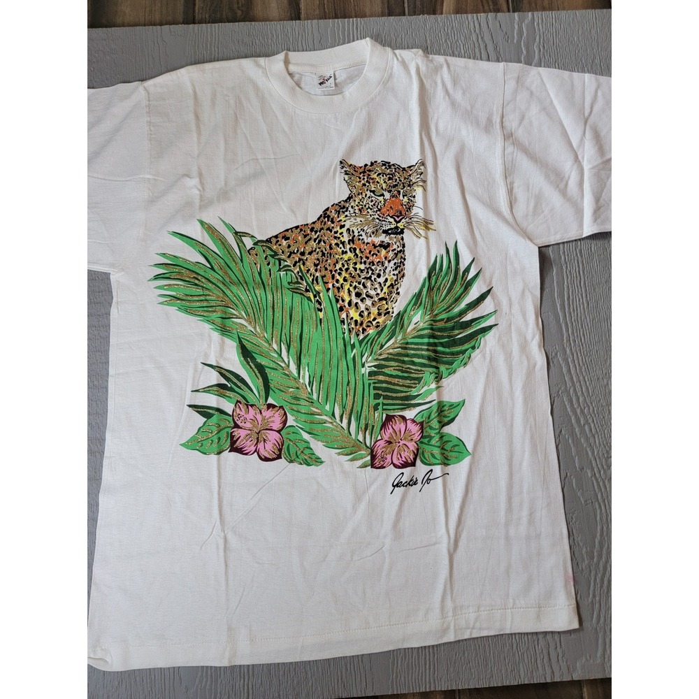♡Vintage Pro Ace Leopard Cheetah Tropical Palm Leaves Graphic T-Shirt White L